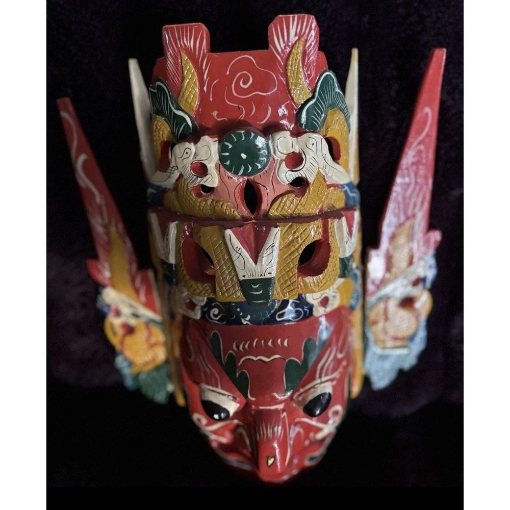 Vintage '50s Indonesian GARUDA Handmade Carved & Painted Wood Guardian Mask